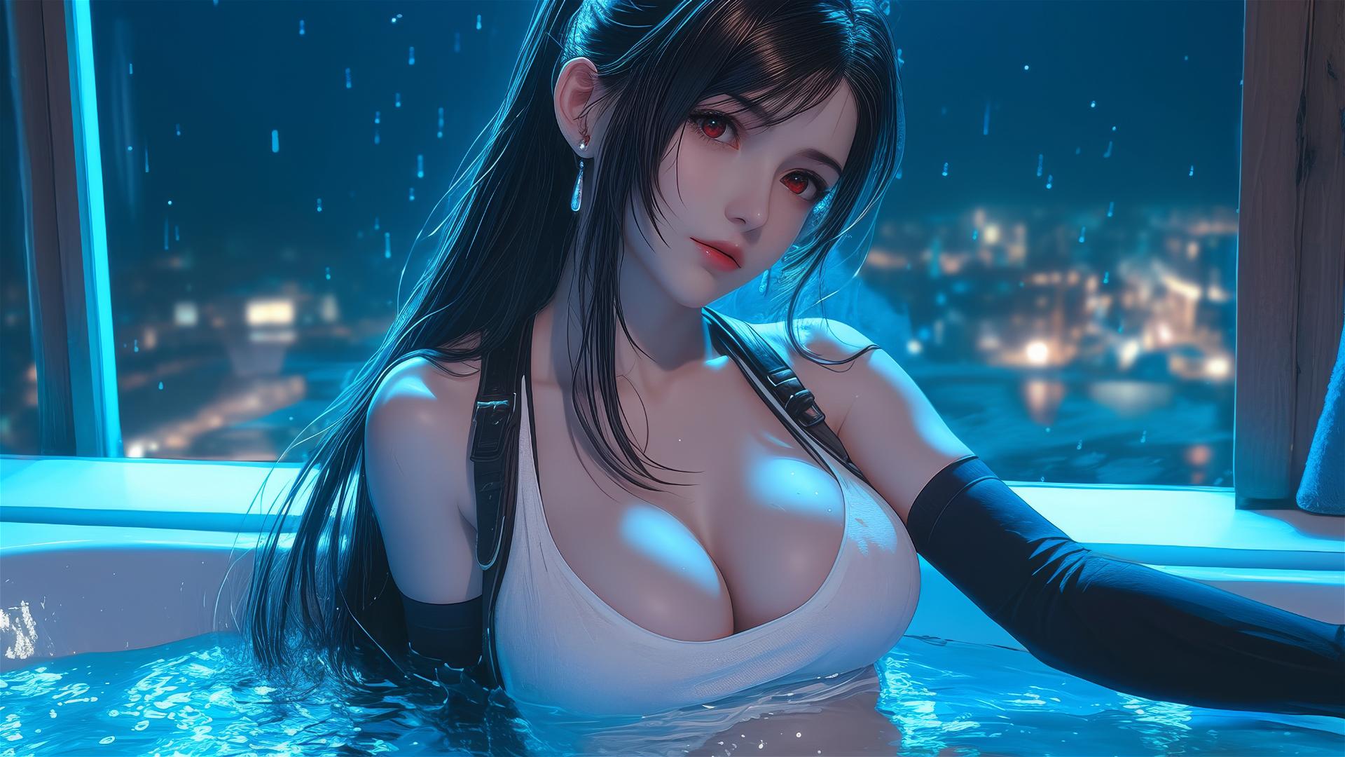 Tifa Lockhart relaxing in a tub with moonlight glow