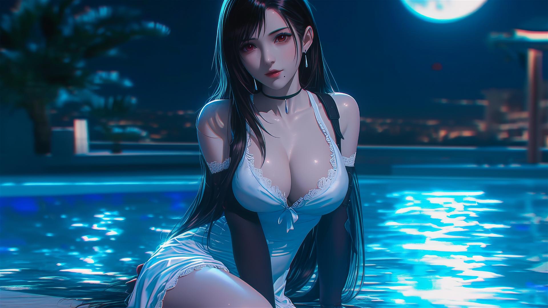 Tifa Lockhart relaxing in a tub under moonlight