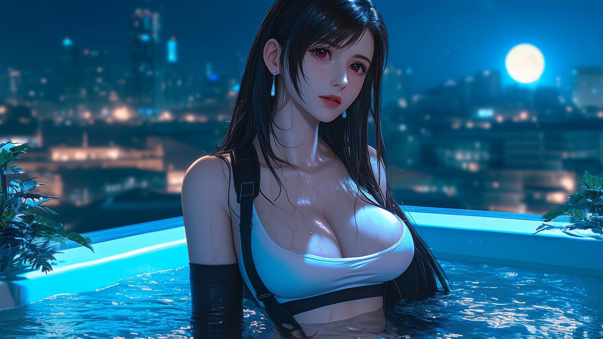 Tifa Lockhart resting in a bathtub under moonlight