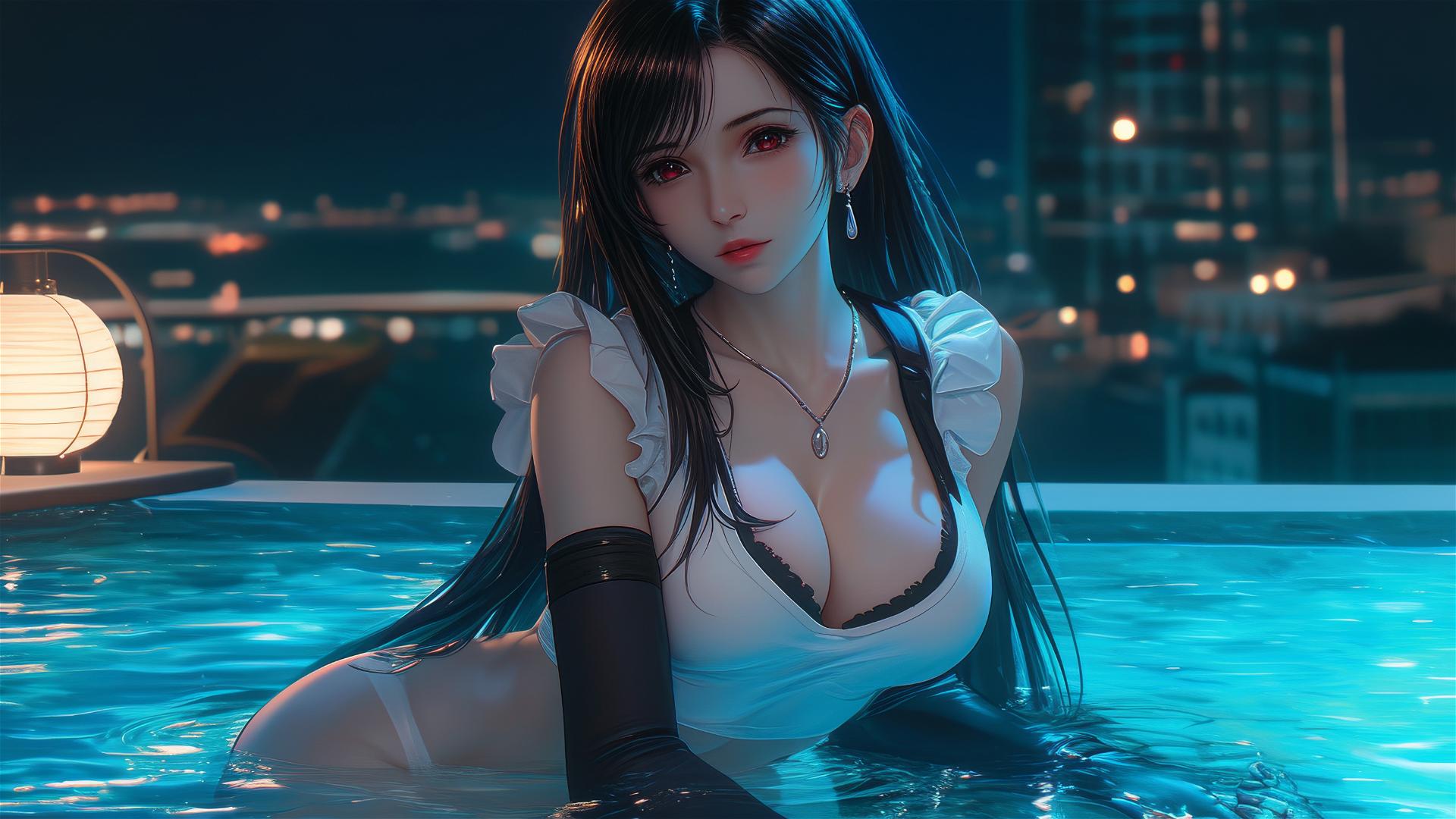Tifa Lockhart resting in a tub under moonlight