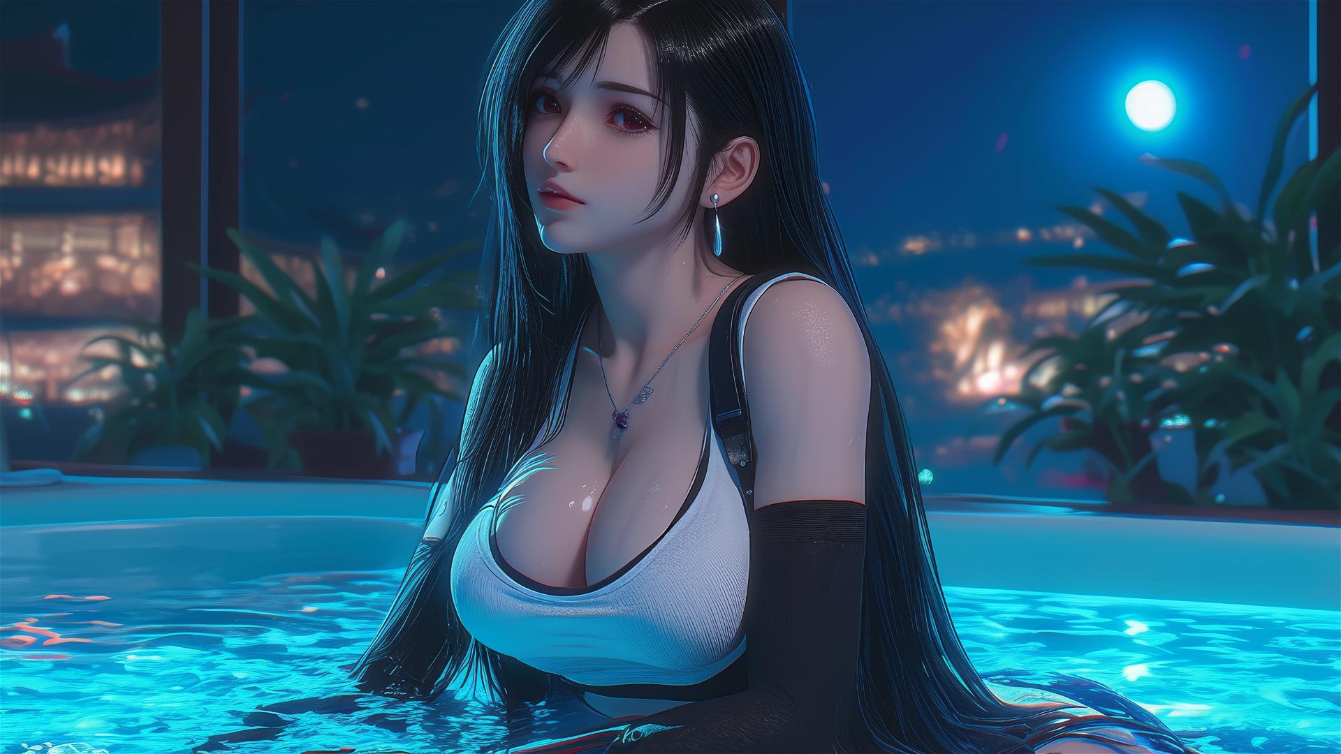 Tifa Lockhart resting in a tub with moonlight glow