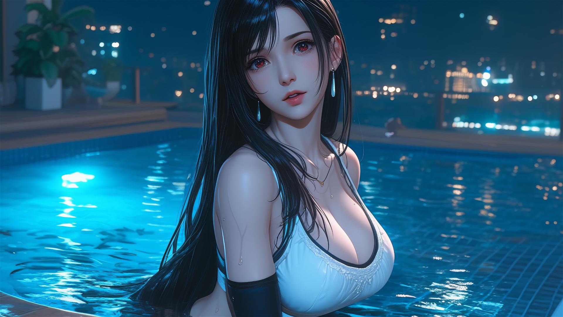 Tifa Lockhart resting in a tub under moonlight