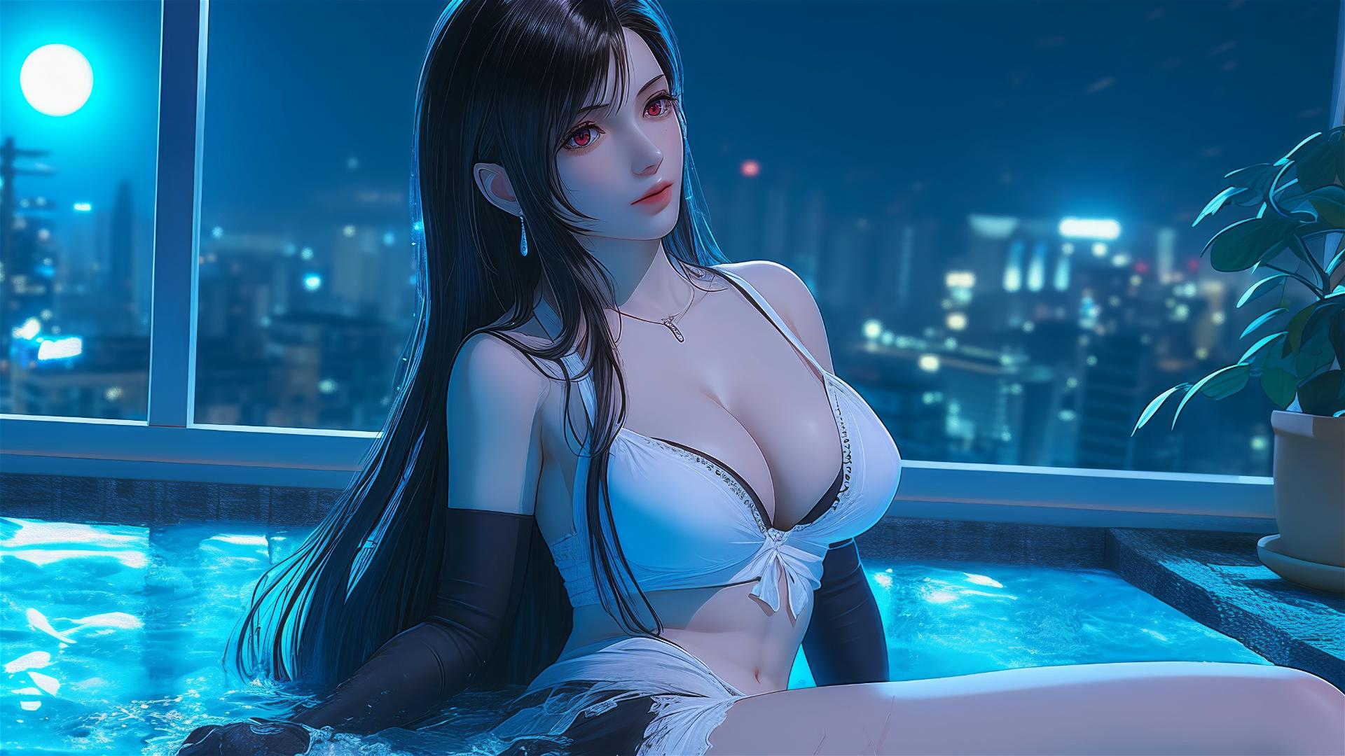Tifa Lockhart from Final Fantasy resting in a tub with moonlight glow
