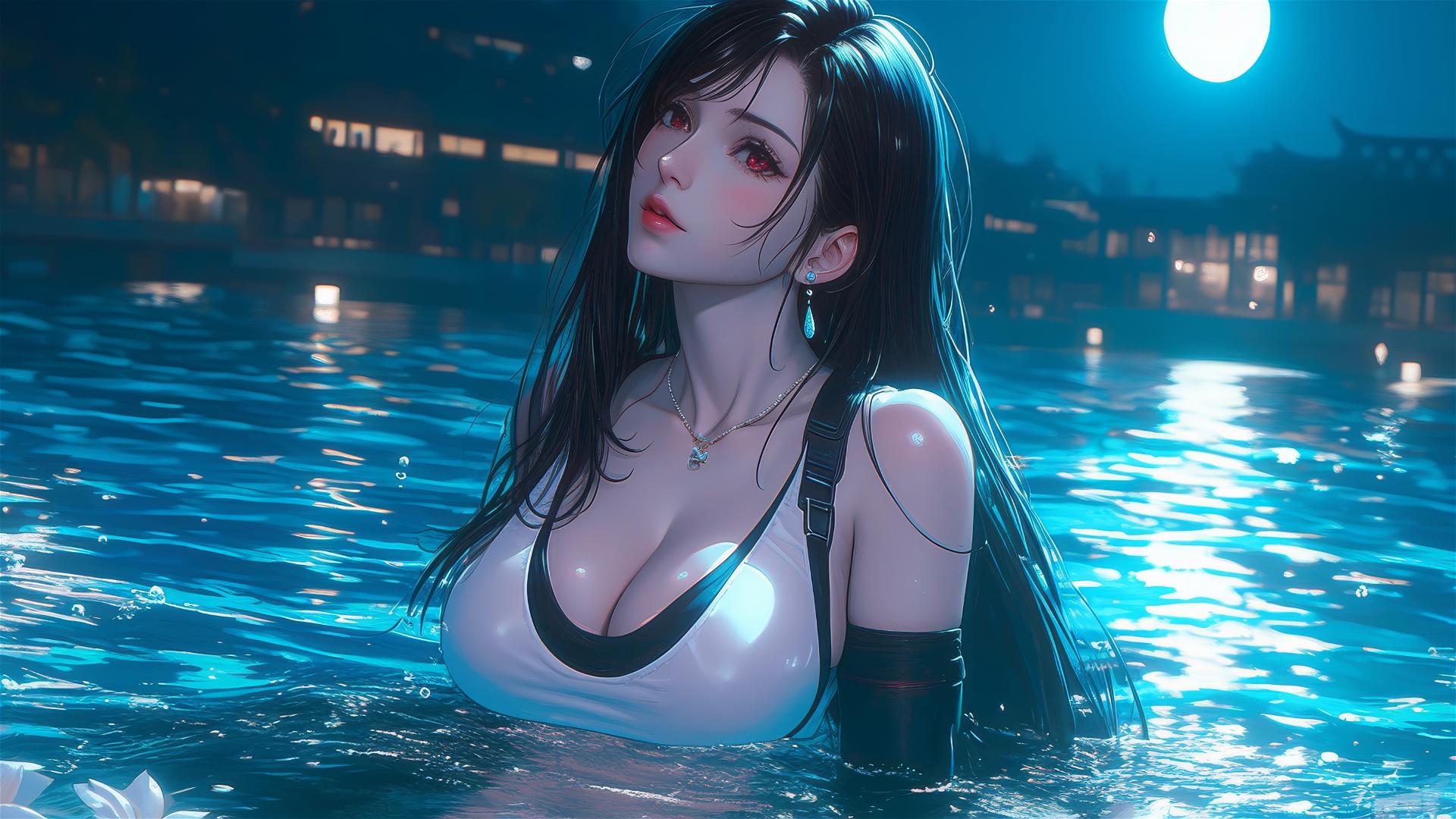 Tifa Lockhart resting in a tub under moonlight