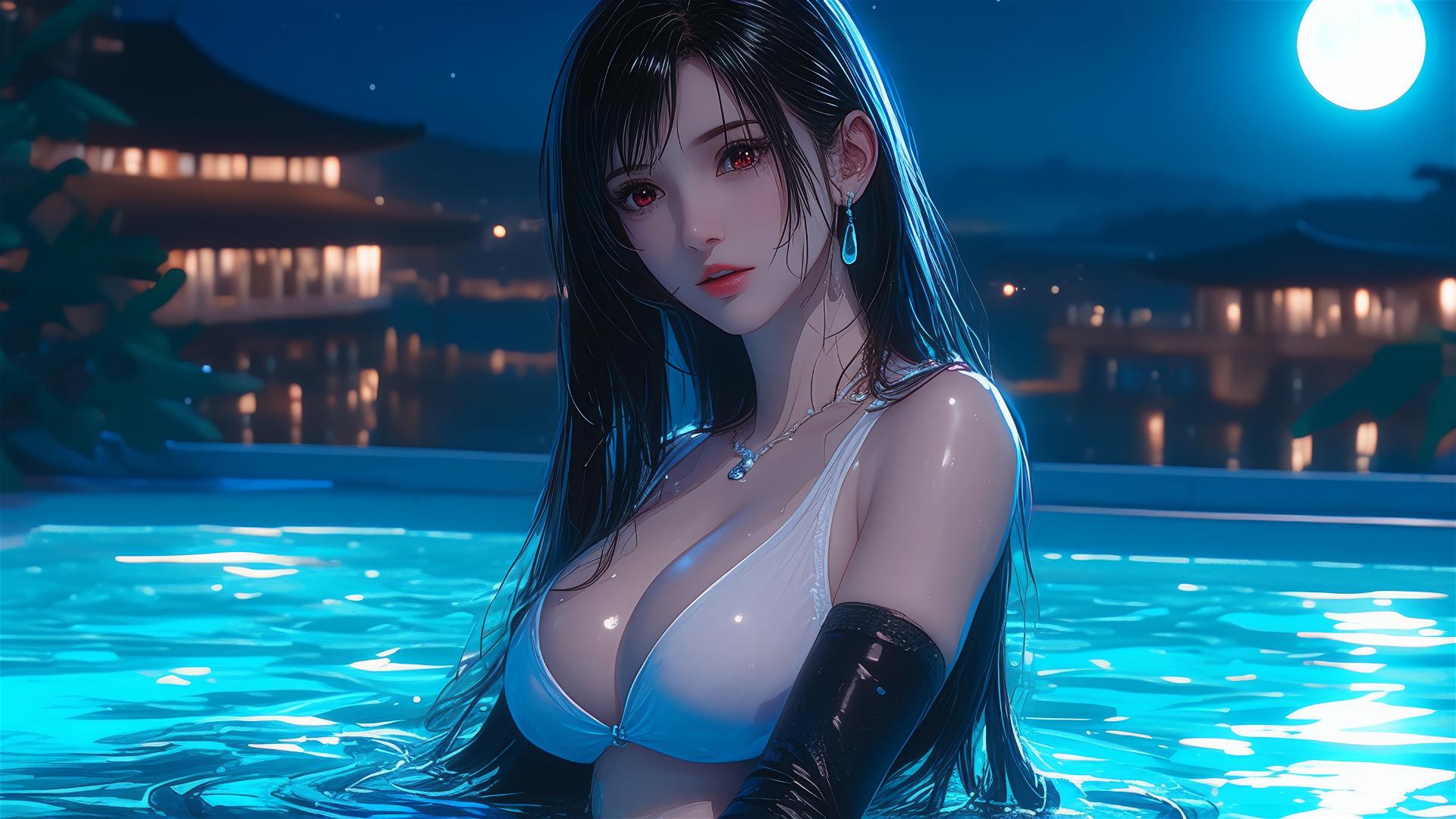 Tifa Lockhart resting in a tub with moonlight glow
