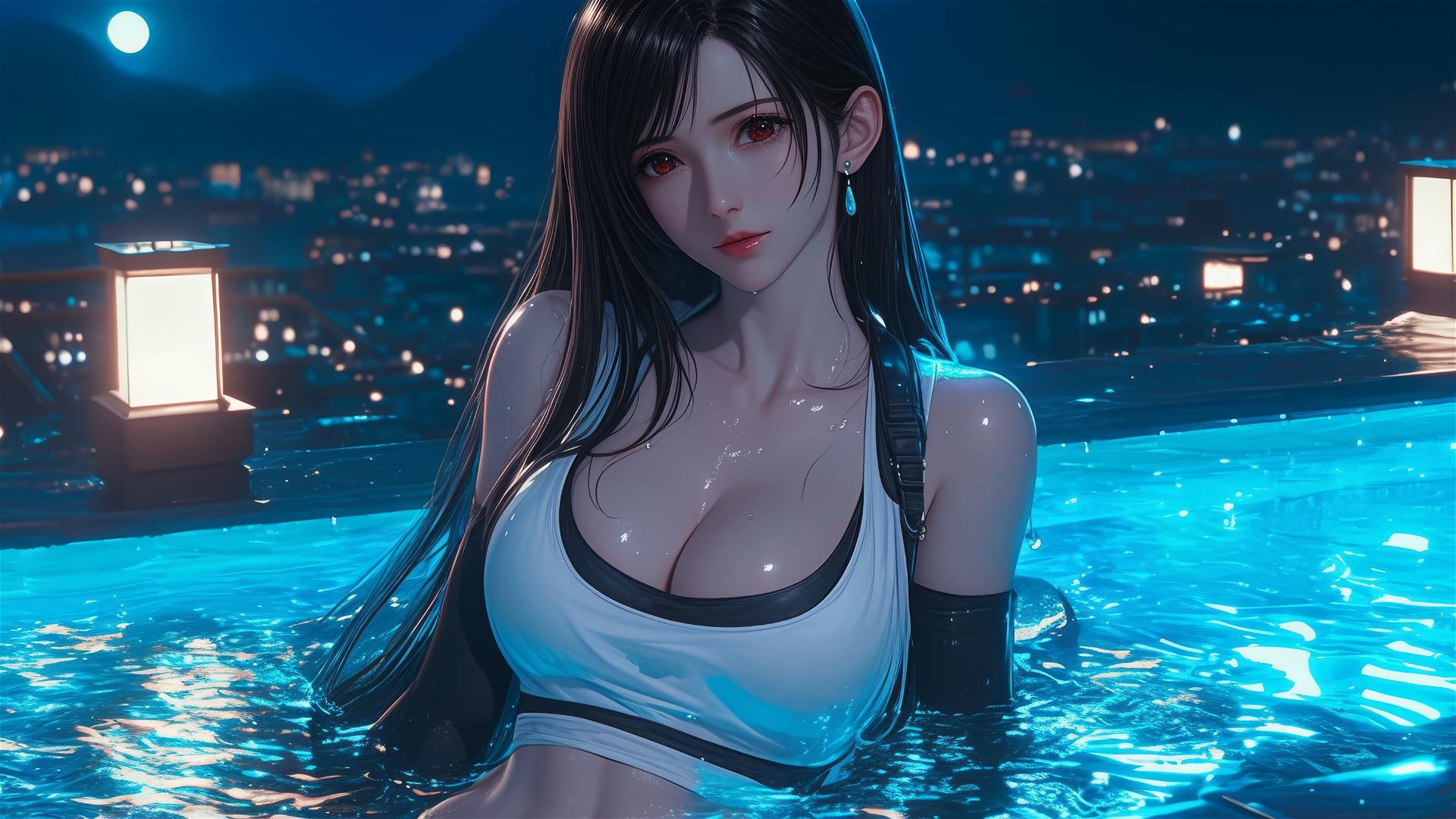 Tifa Lockhart resting in a tub, illuminated by moonlight.