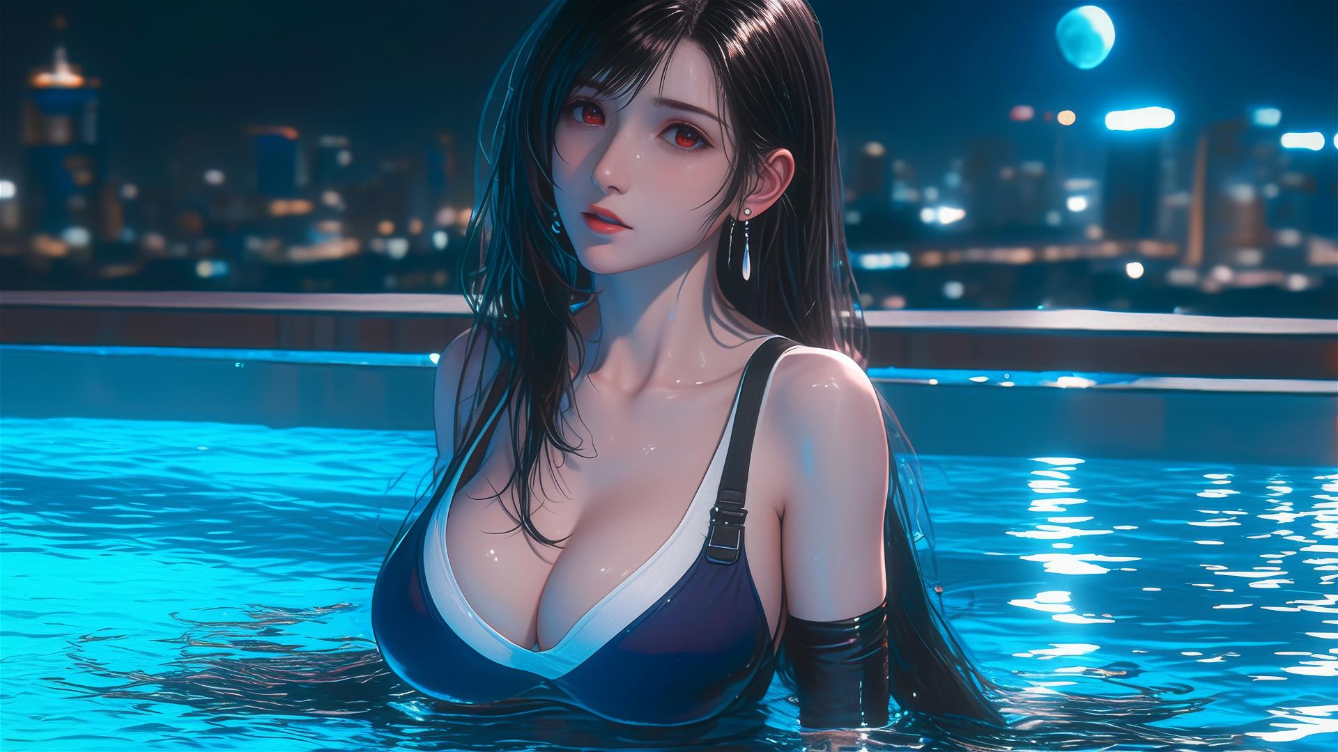 Tifa Lockhart resting in a bathtub under moonlight