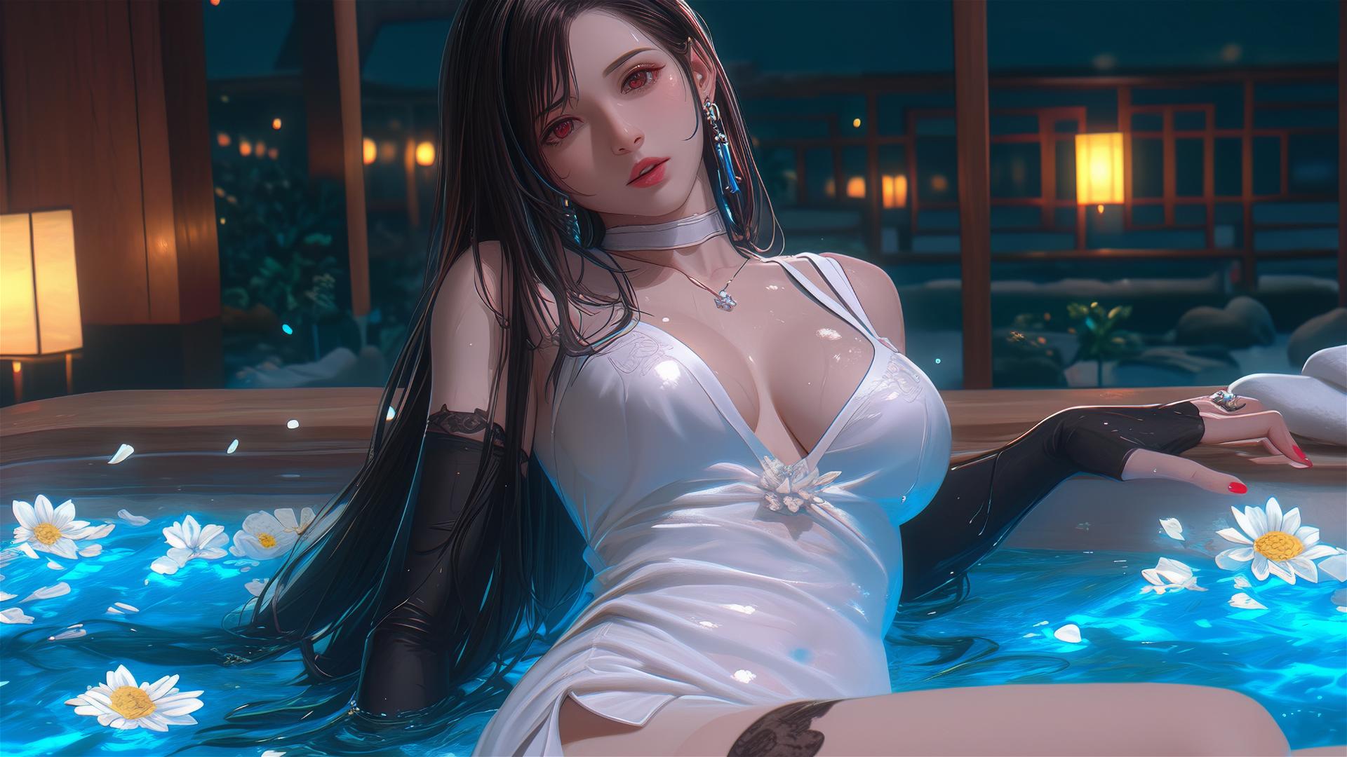 Tifa Lockhart in a tub full of flowers at a Chinese spa.