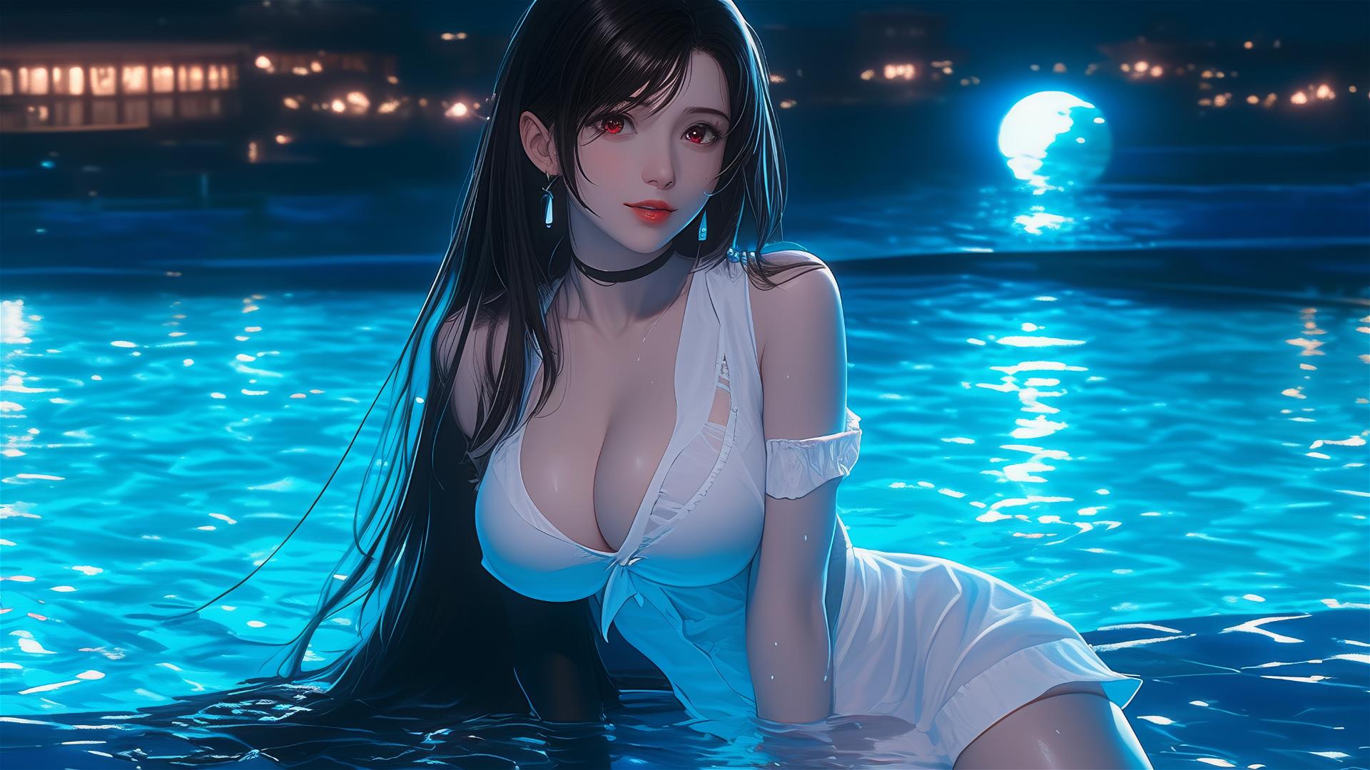 Tifa Lockhart in white silk pajamas resting by a moonlit pool
