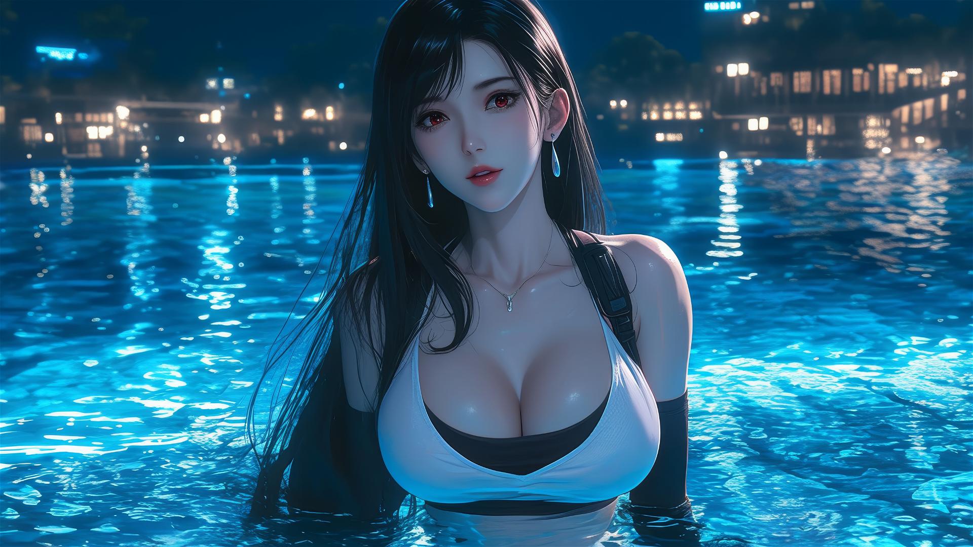 Tifa Lockhart resting by a moonlit swimming pool