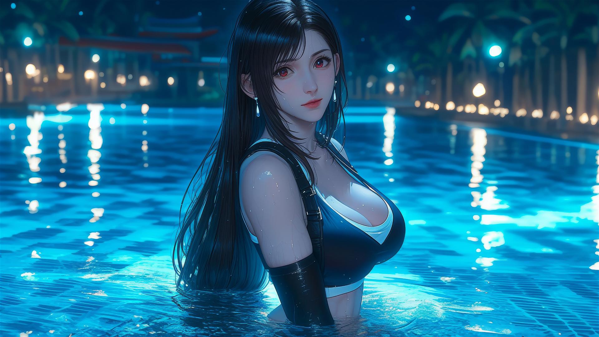 Tifa Lockhart relaxing by a moonlit swimming pool