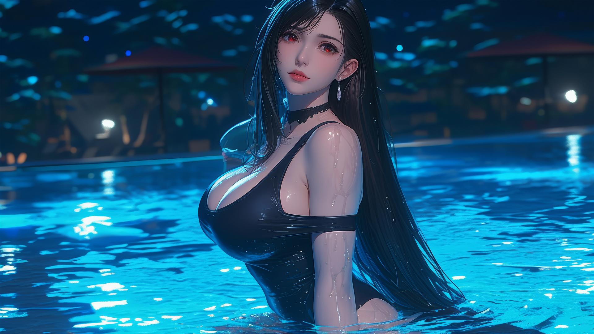 Tifa Lockhart relaxing by a pool under moonlight