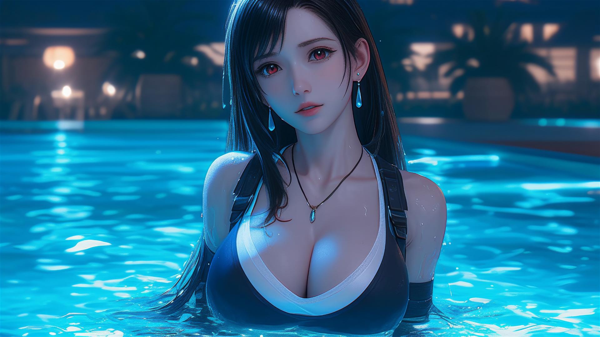 Tifa Lockhart resting by a moonlit pool