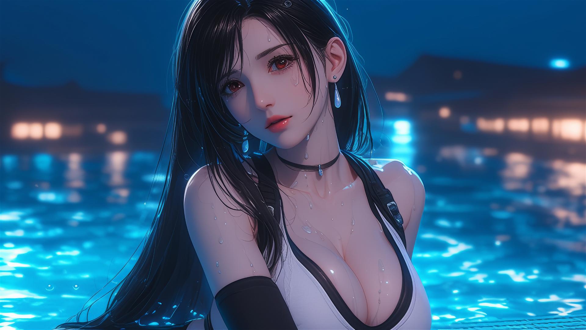 Tifa Lockhart resting at swimming pool with moonlight glow