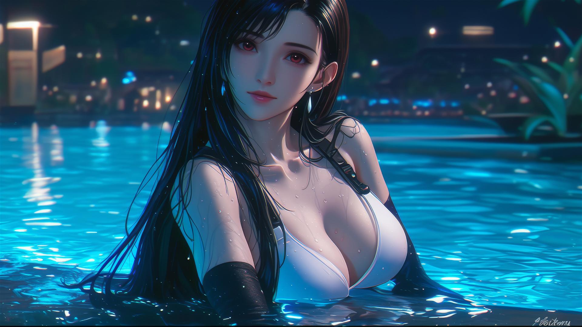 Tifa Lockhart resting at a swimming pool under moonlight