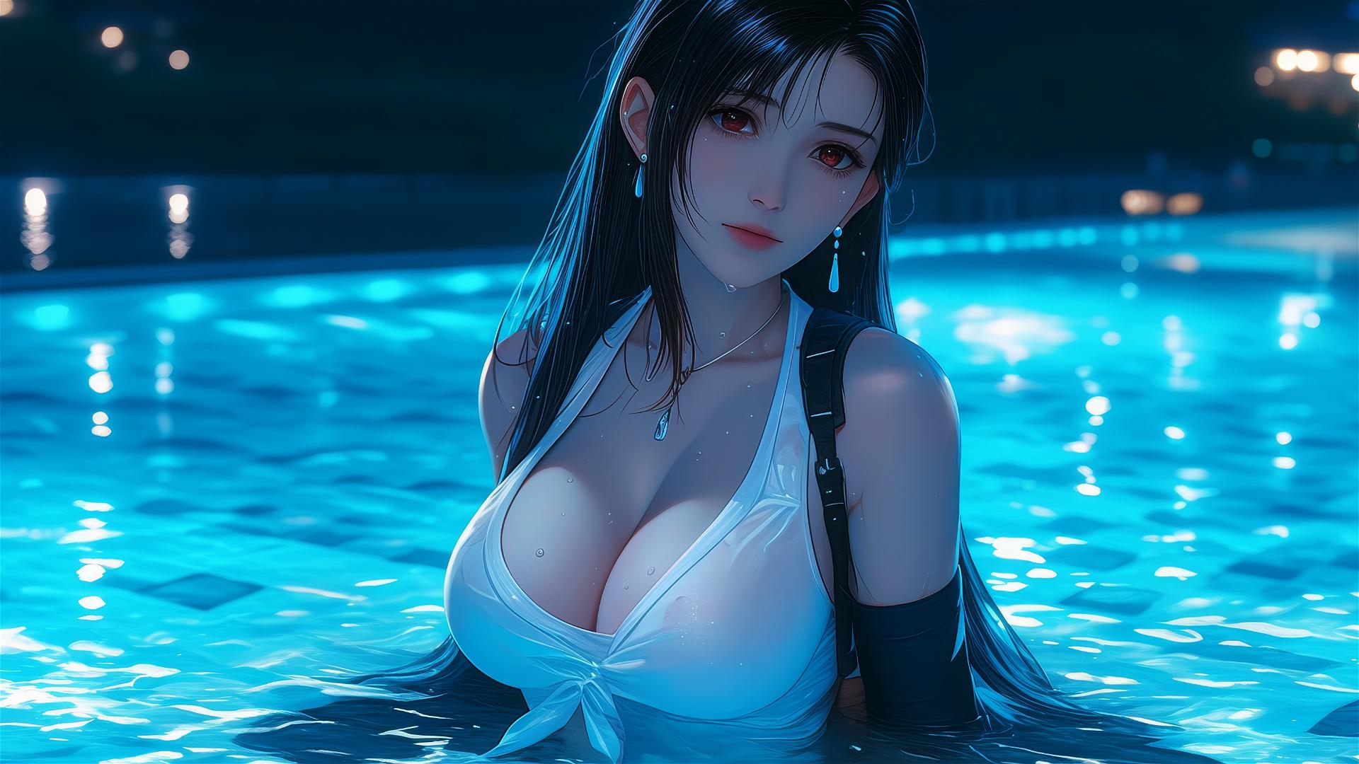 Tifa Lockhart resting at a swimming pool under moonlight