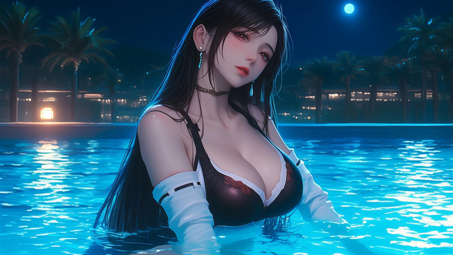 Tifa Lockhart resting at a swimming pool under moonlight
