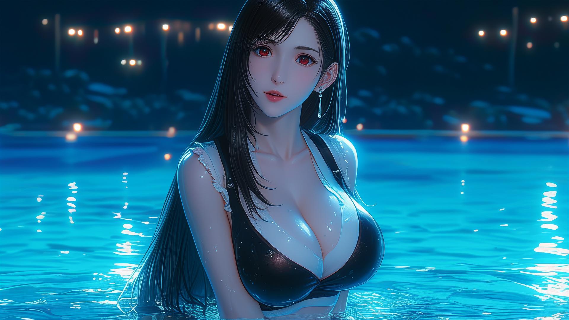 Tifa Lockhart resting by the pool under moonlight