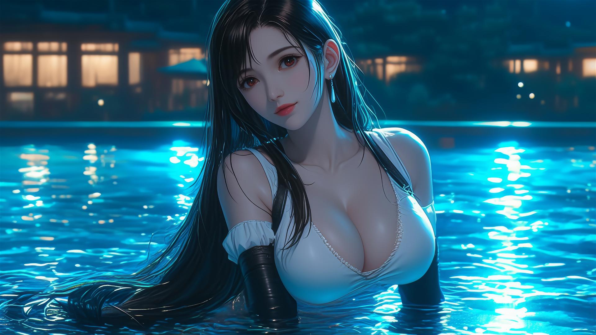 Tifa Lockhart resting at swimming pool with moonlight glow