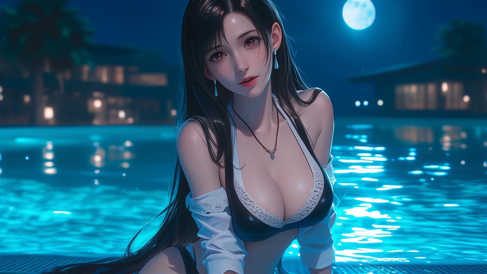 Tifa Lockhart resting at a swimming pool under moonlight