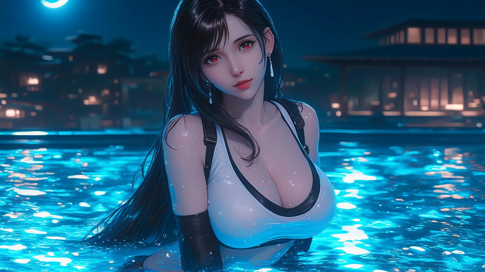 Tifa Lockhart resting by swimming pool under moonlight
