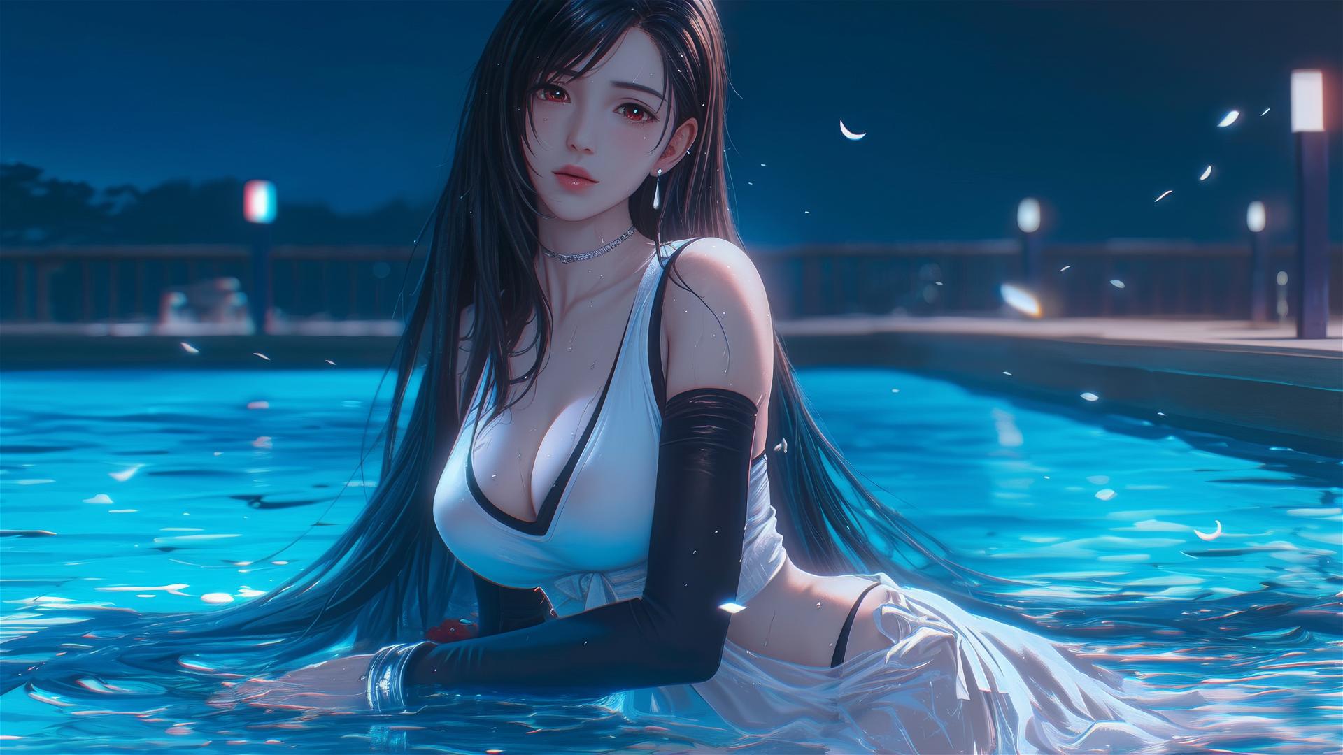 Tifa Lockhart resting by a pool under moonlight