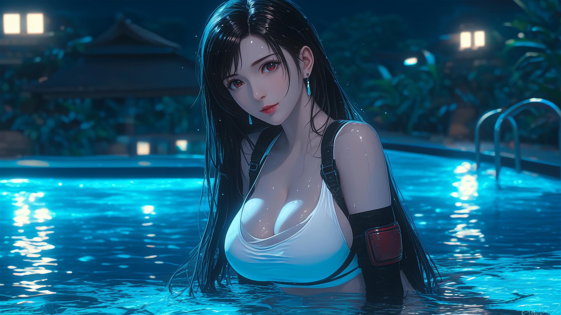Tifa Lockhart resting at a swimming pool under moonlight