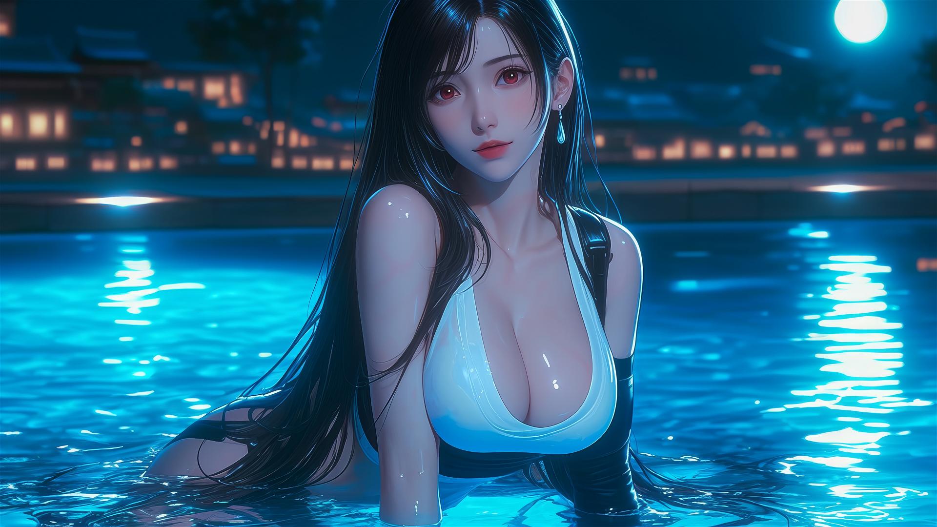 Tifa Lockhart resting by a moonlit pool