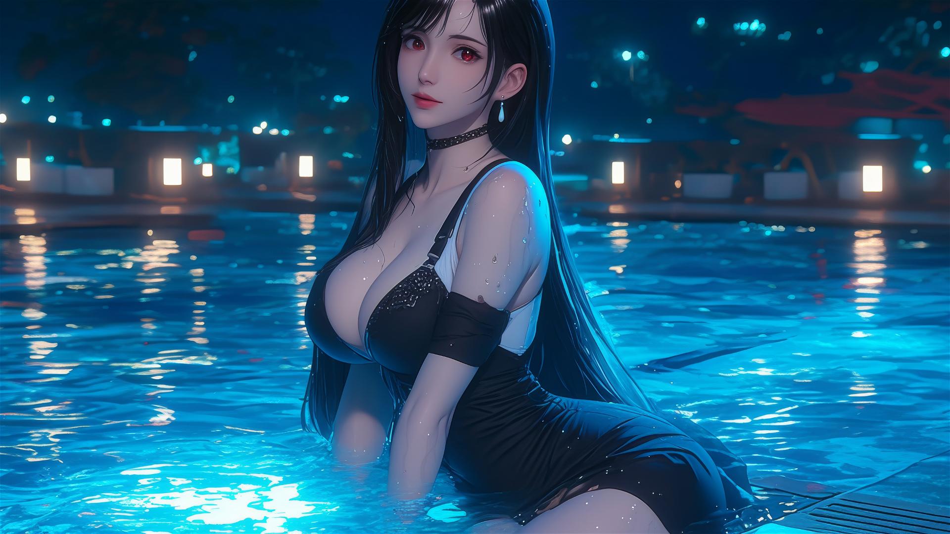 Tifa Lockhart by the pool under moonlight
