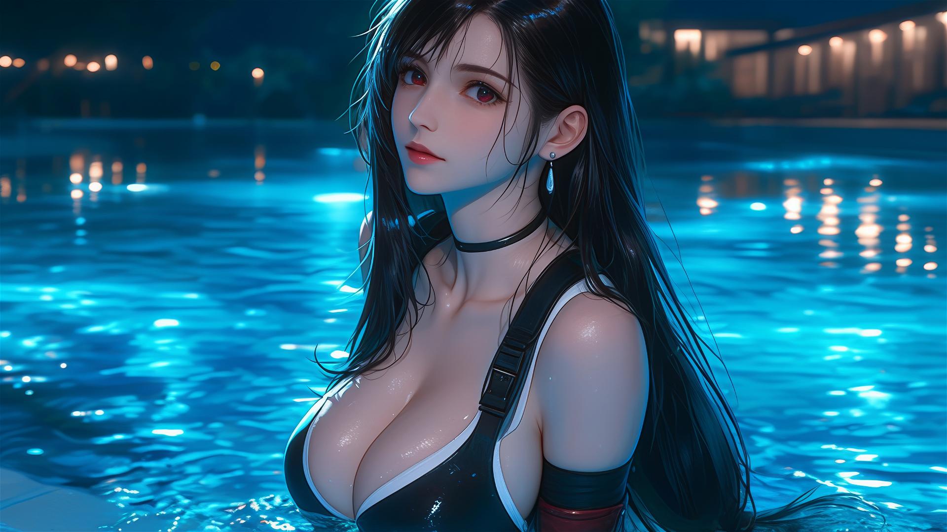 Tifa Lockhart resting by a moonlit swimming pool