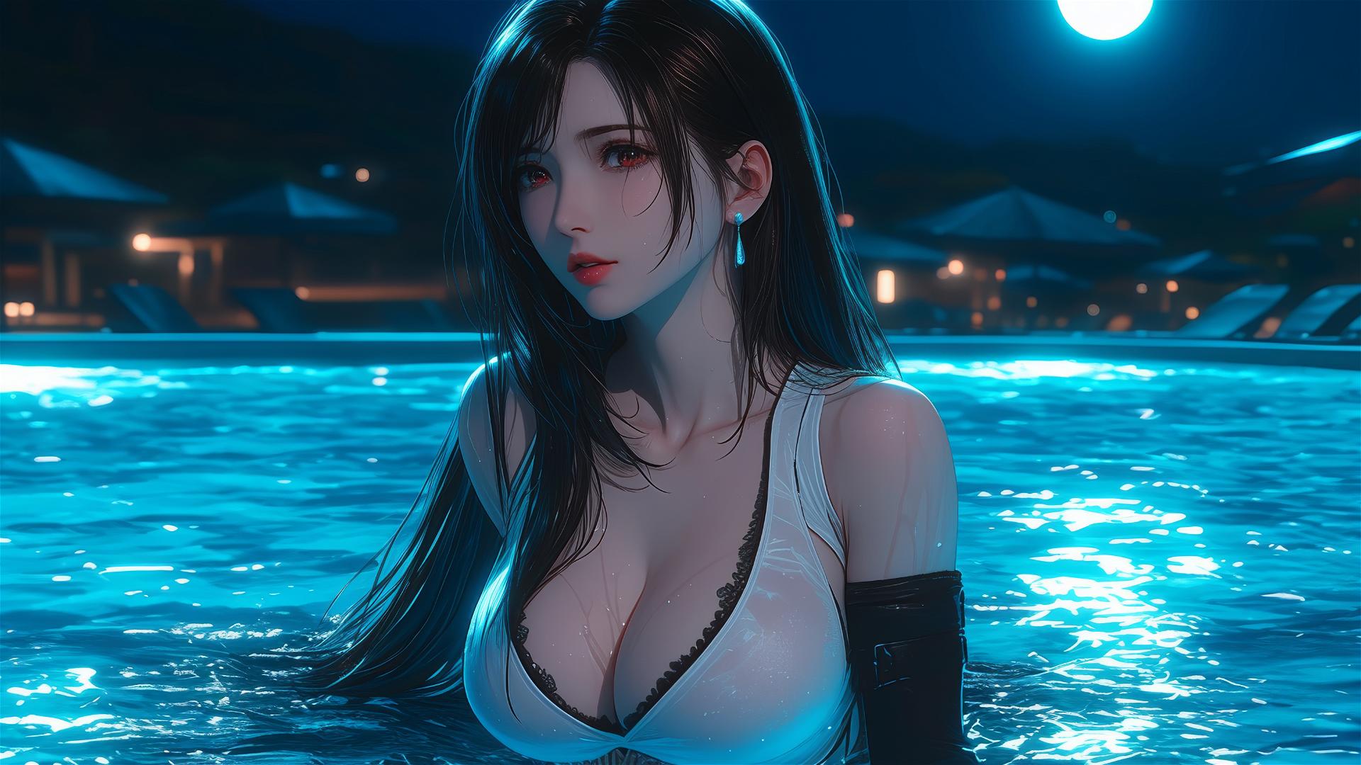 Tifa Lockhart resting by the pool under moonlight