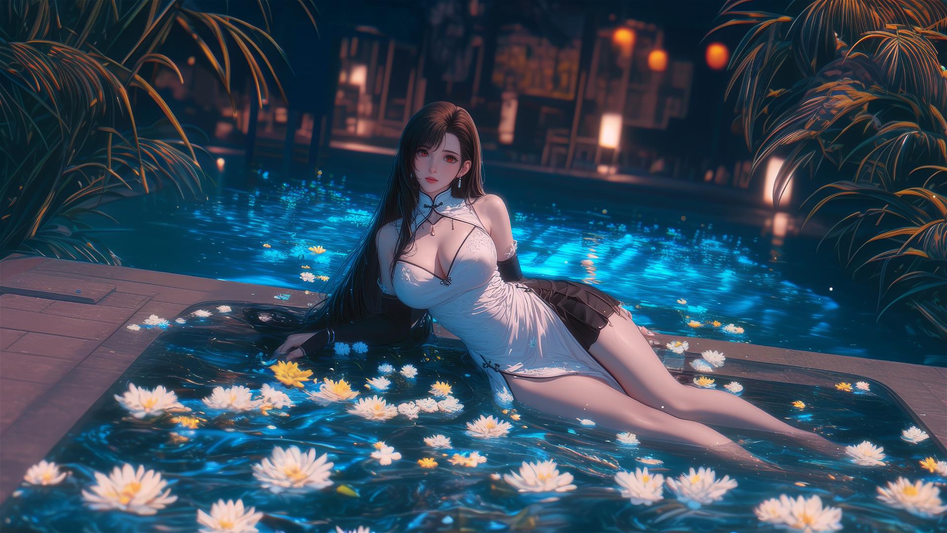 Tifa Lockhart in a flower-filled tub at a Chinese spa