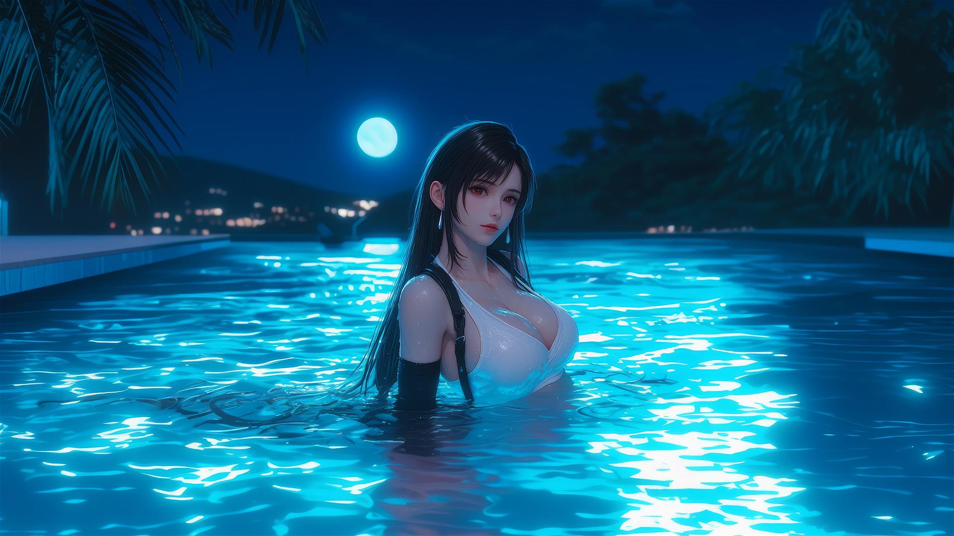Tifa Lockhart resting at a swimming pool under moonlight
