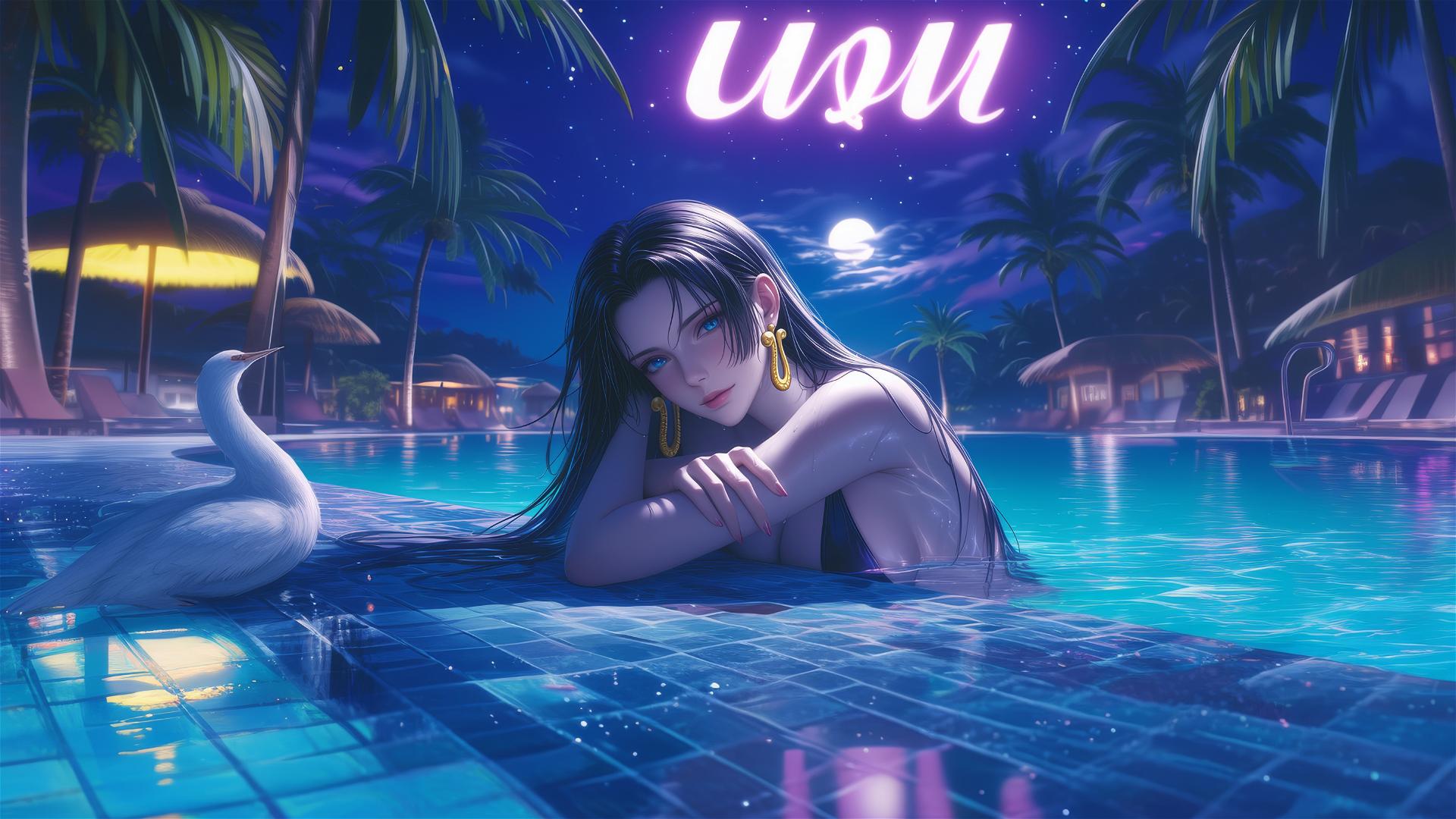Boa Hancock from One Piece rests by a pool under moonlight