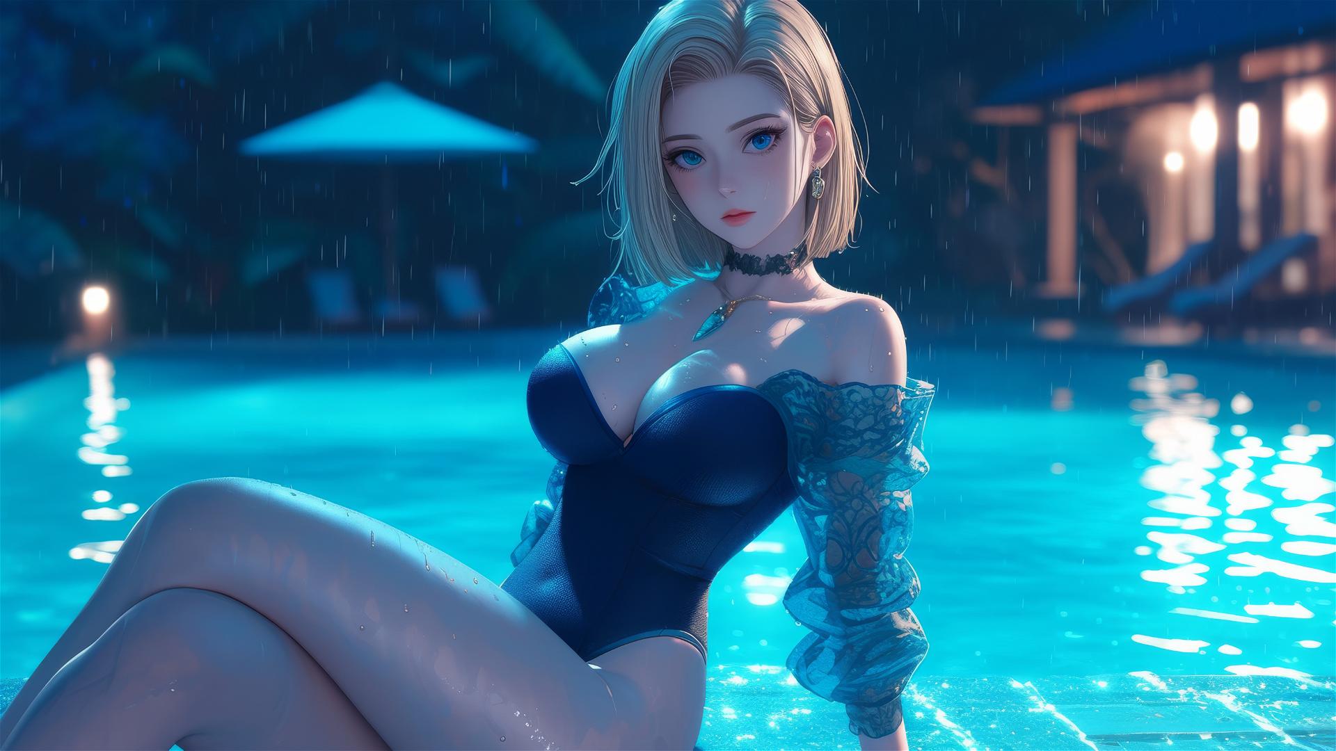 Android 18 resting by a rainy pool under moonlight