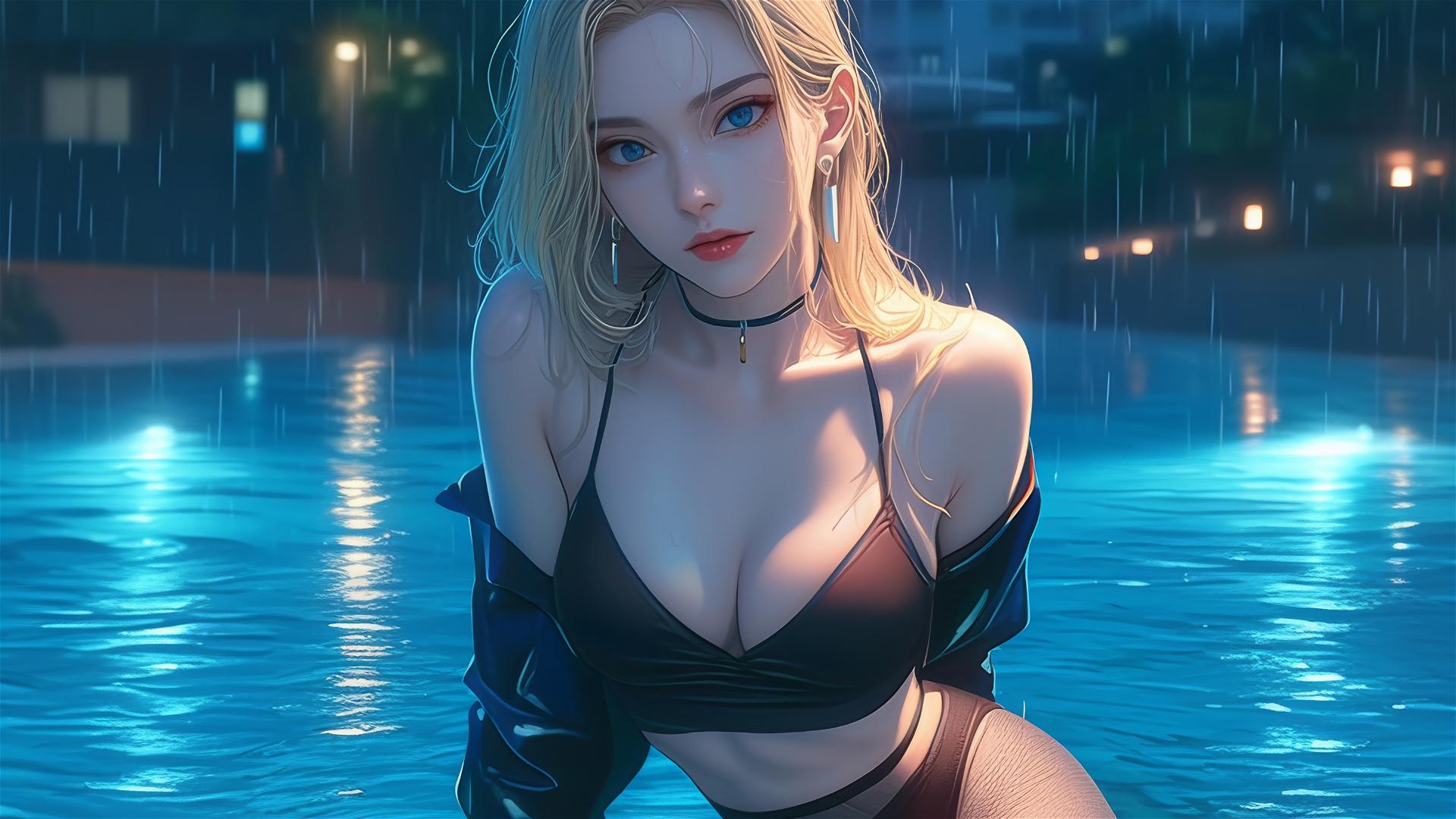 Android 18 resting by a rainy pool under moonlight
