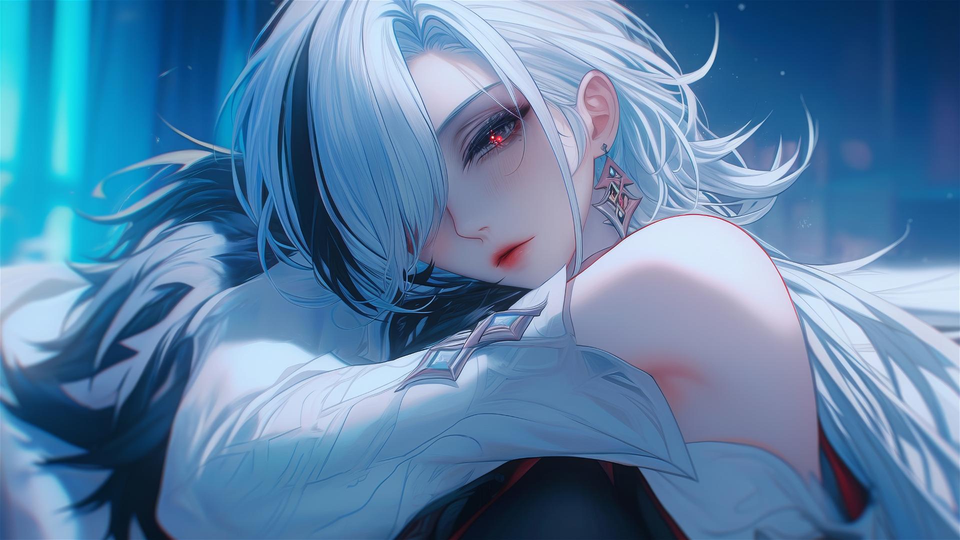 Arlecchino from Genshin Impact with snow white hair and red 'x' pupils in a modern hotel room with moonlight