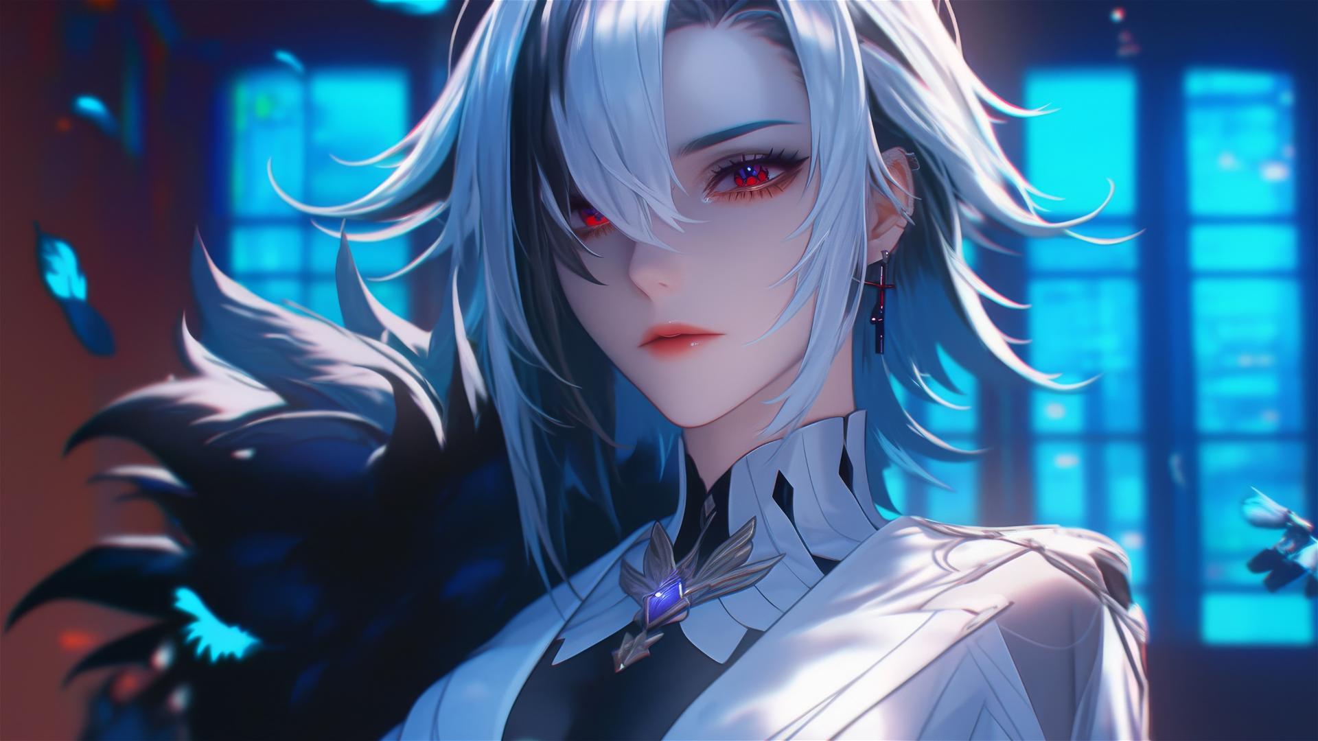 Arlecchino from Genshin Impact with snow white hair and black streaks, resting in a modern hotel room under moonlight.