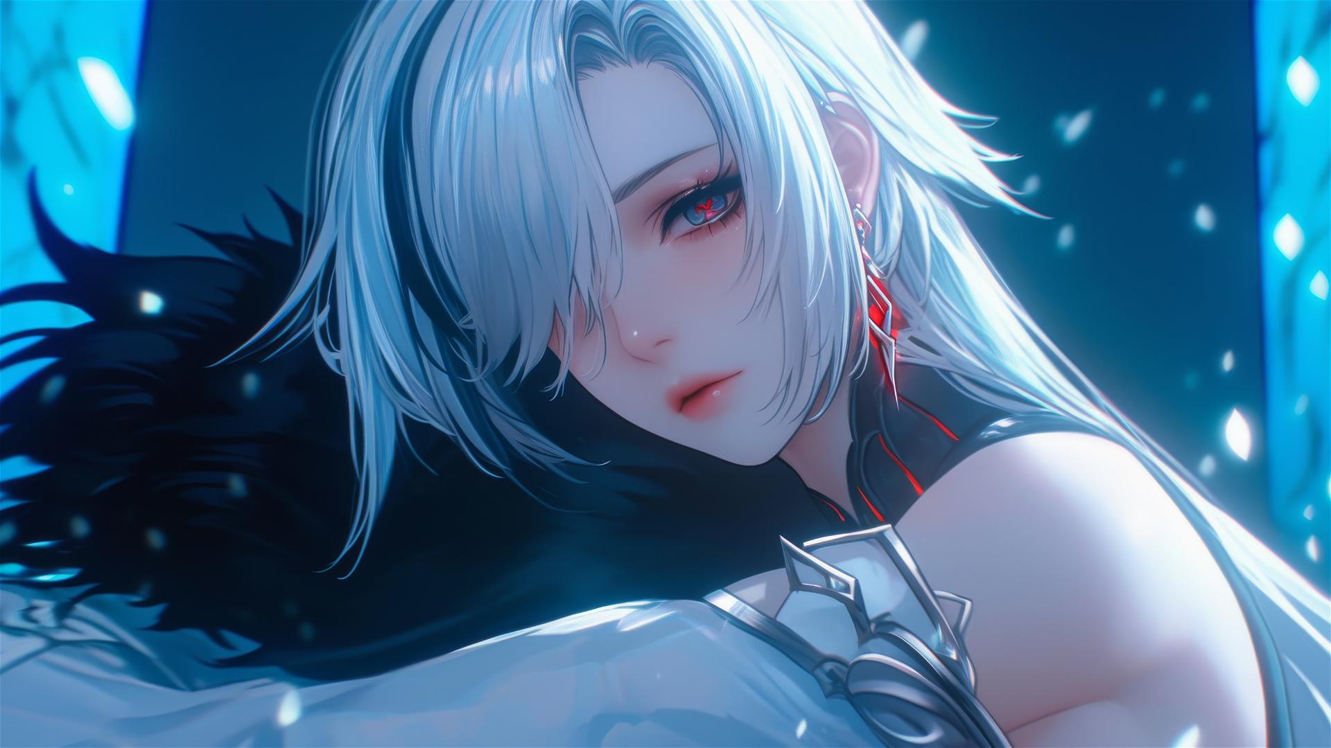 Arlecchino from Genshin Impact with snow white hair and black streaks, resting in a modern hotel room under moonlight.