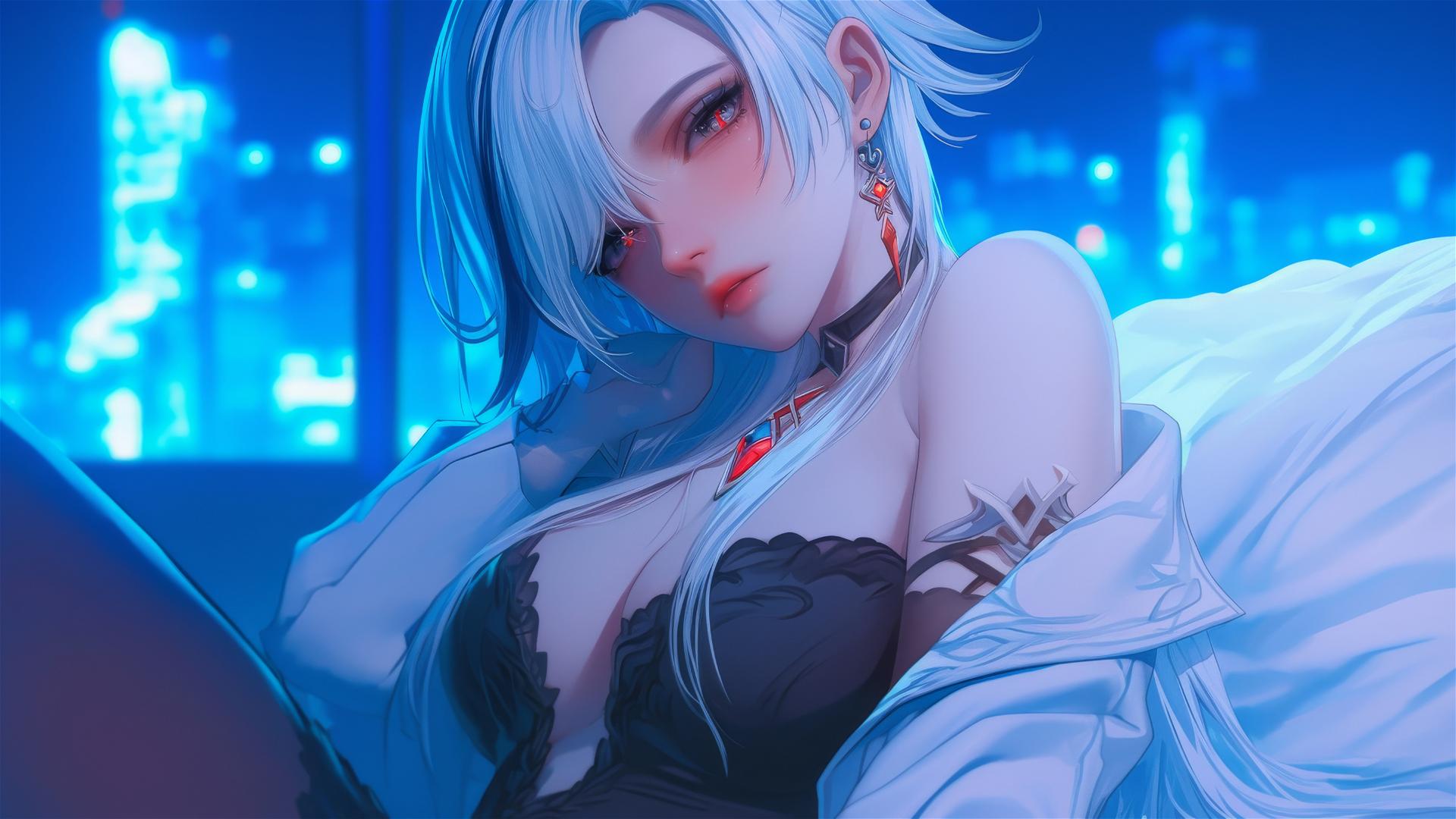 Arlecchino from Genshin Impact with snow white hair and black streaks, resting in a modern hotel room under moonlight