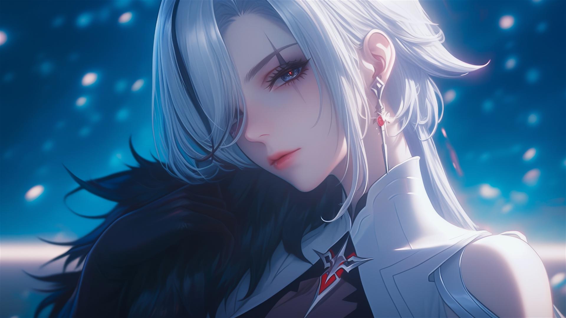 Arlecchino from Genshin Impact with snow white hair and black streaks, resting in a moonlit modern hotel room.