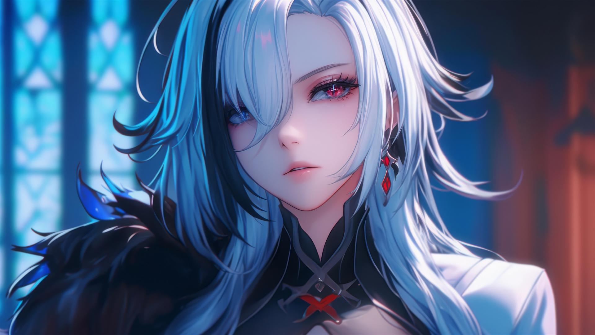 Arlecchino from Genshin Impact with snow white hair and black streaks, resting in a moonlit modern hotel room.