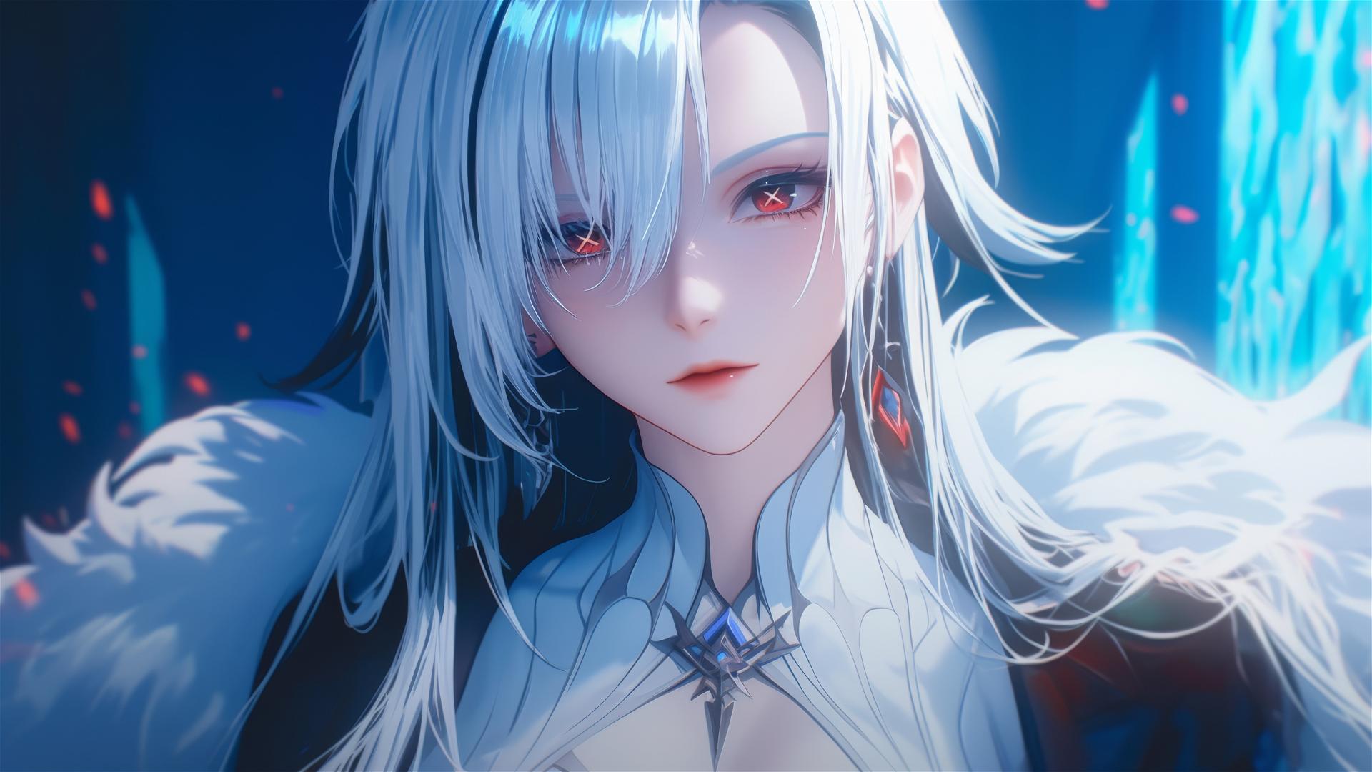 Arlecchino from Genshin Impact with snow white hair and red 'x'-shaped pupil resting in a moonlit modern hotel room.