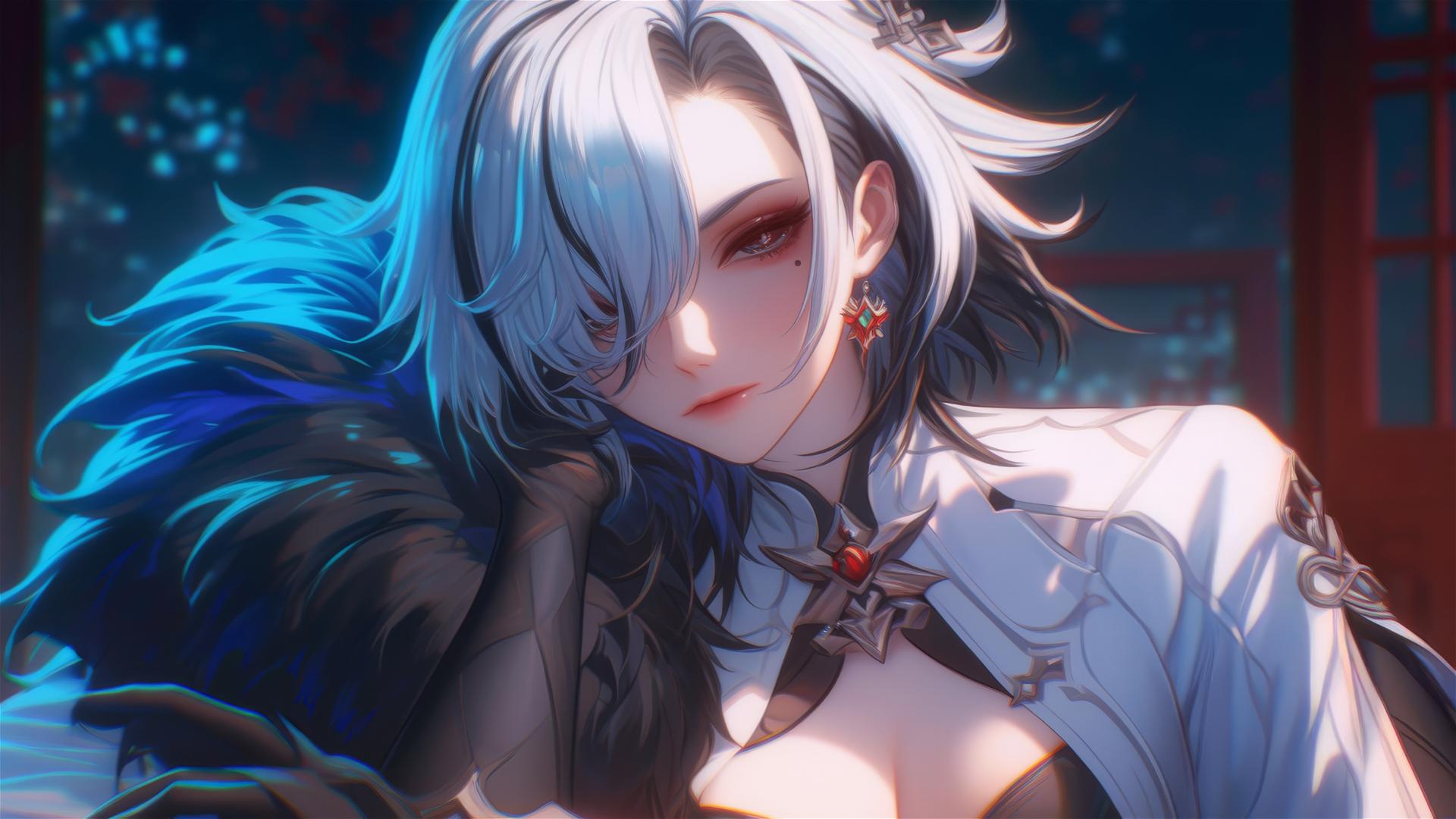 Arlecchino from Genshin Impact with unique eyes and hair, resting in a moonlit hotel room
