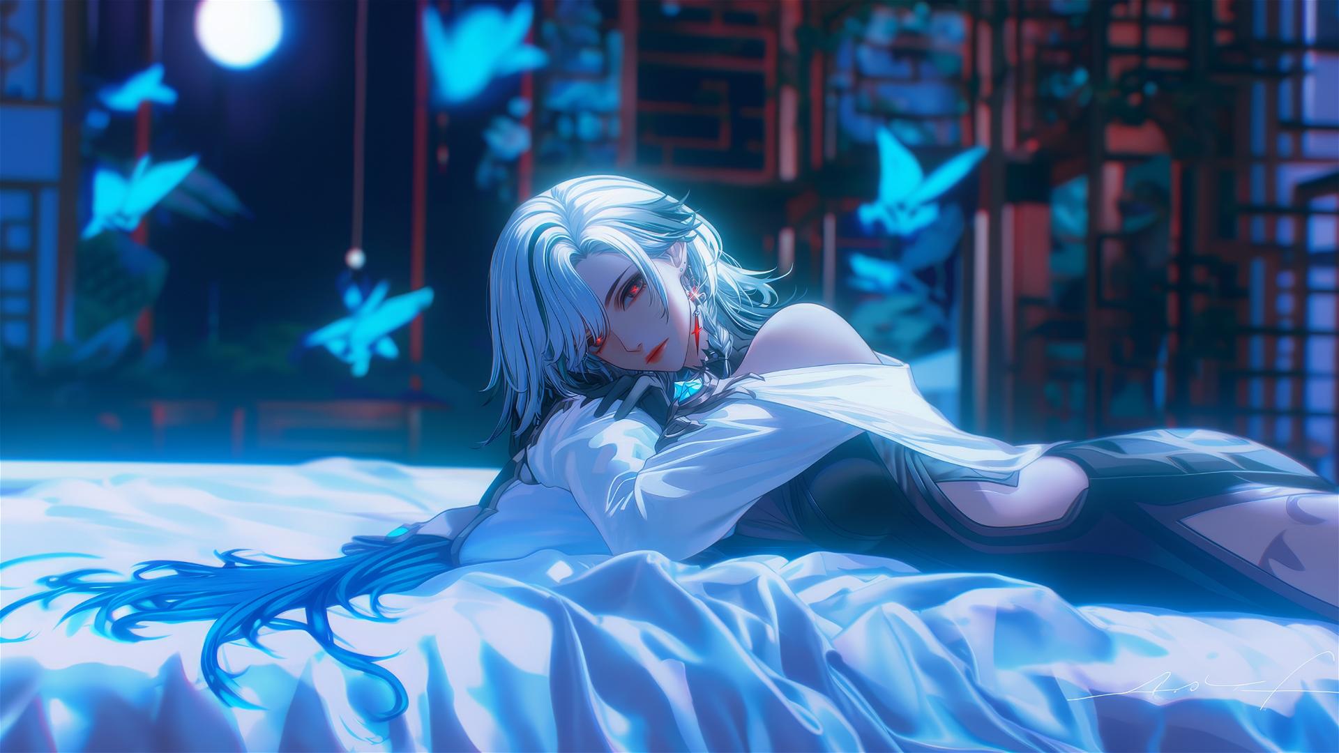 Arlecchino from Genshin Impact with snow white hair and red 'x'-shaped pupils in a modern hotel room, moonlit.