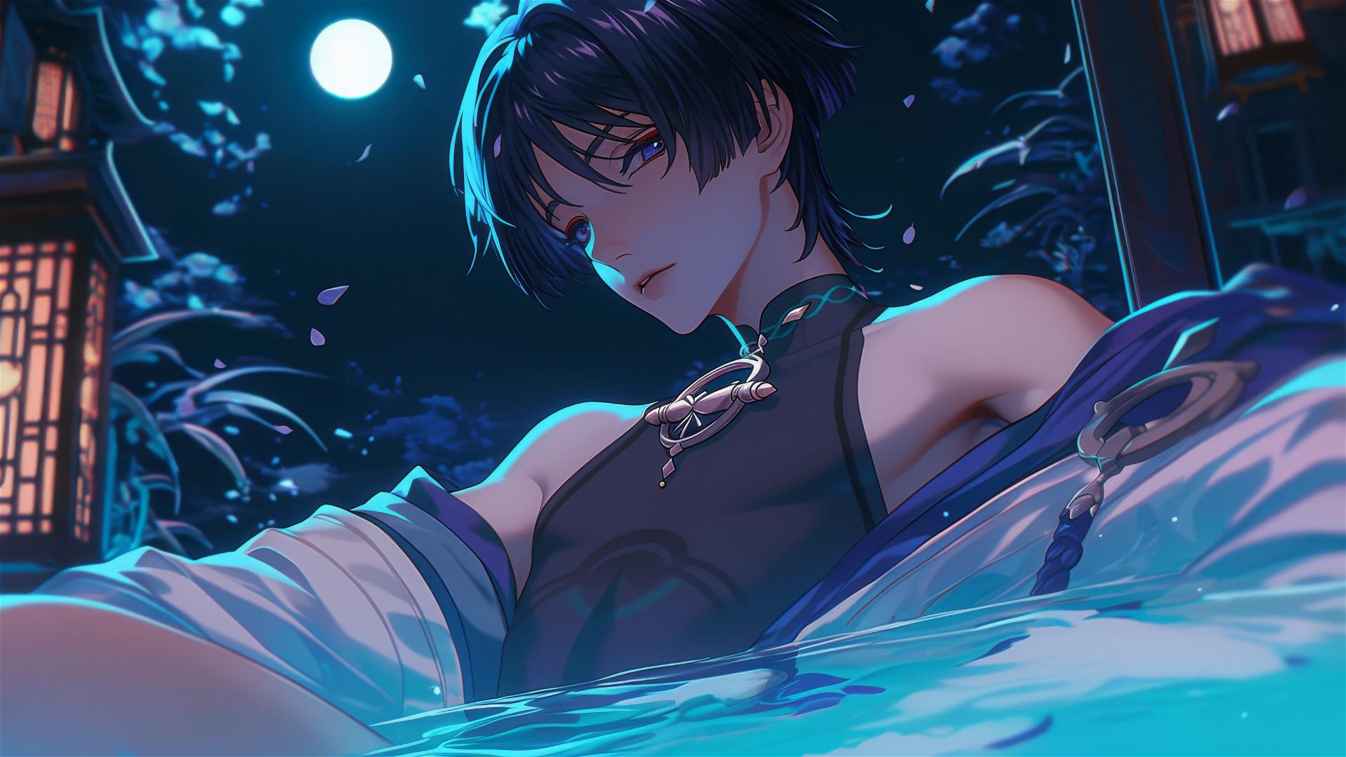 Scaramouche from Genshin Impact with short indigo hair and eyes, resting in a bathtub under moonlight.