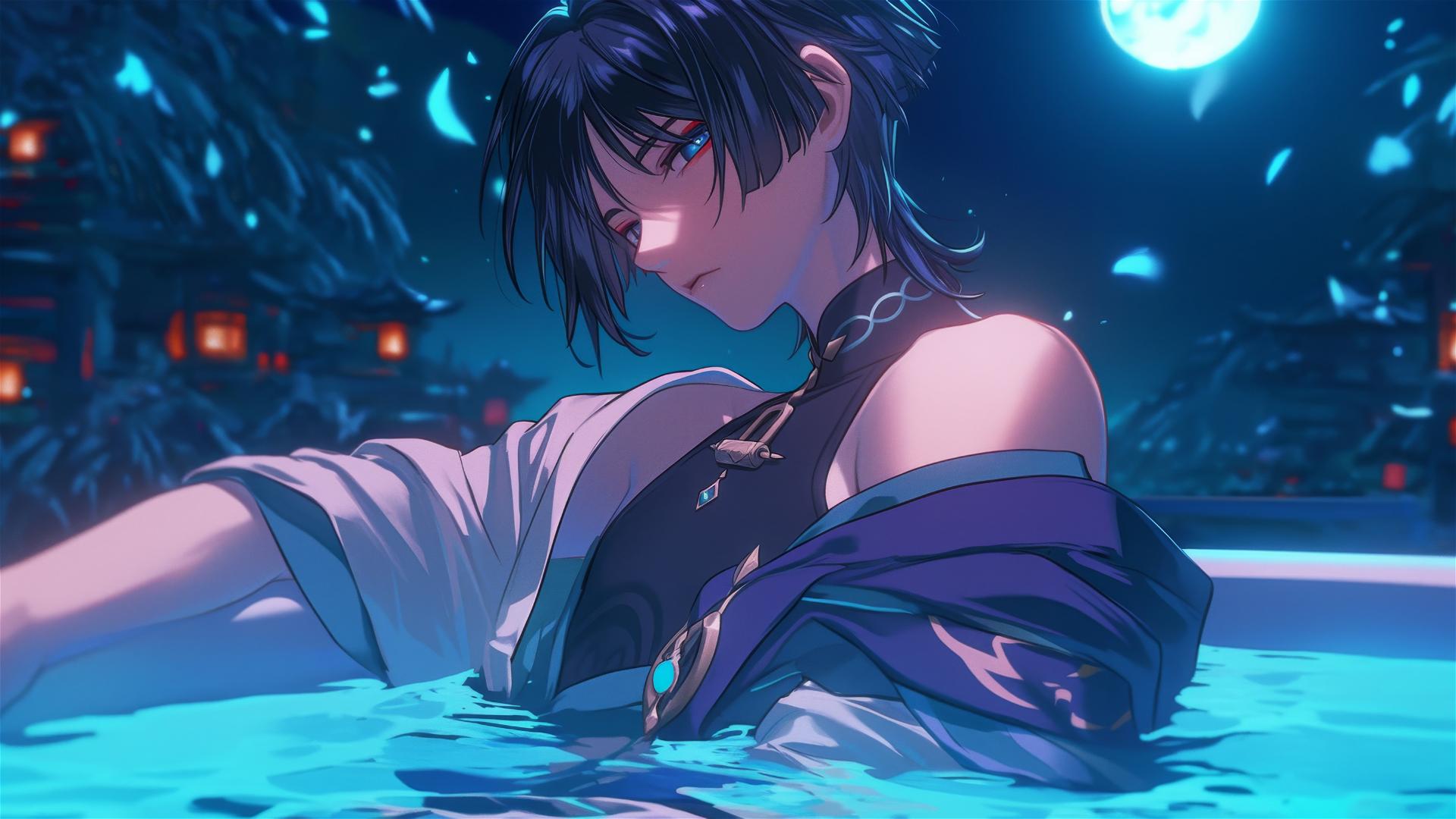 Scaramouche from Genshin Impact with short indigo hair, indigo eyes, resting in a tub under moonlight.