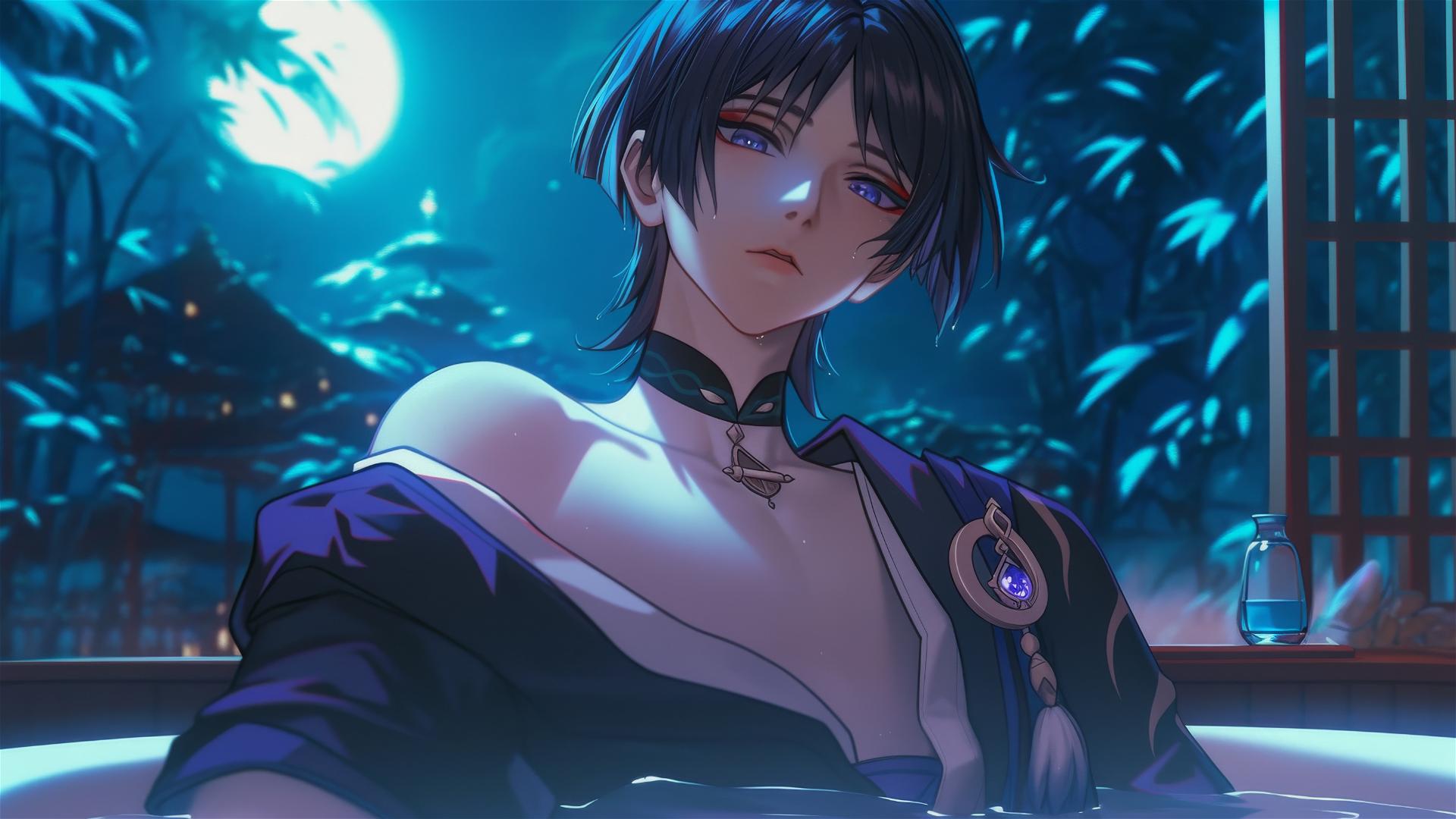 Scaramouche from Genshin Impact with indigo hair and eyes, resting in a tub under moonlight.