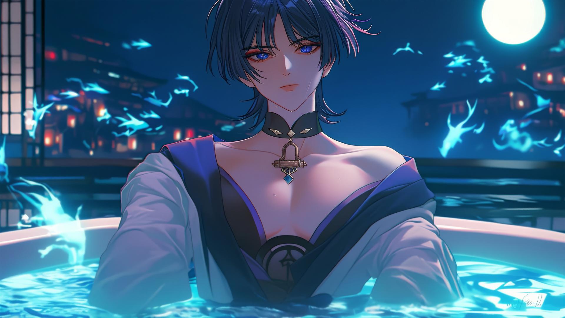 Scaramouche from Genshin Impact in a tub with moonlight glow.