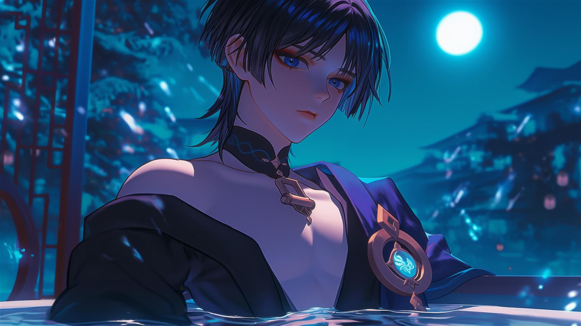 Scaramouche from Genshin Impact resting in a tub with moonlight glow